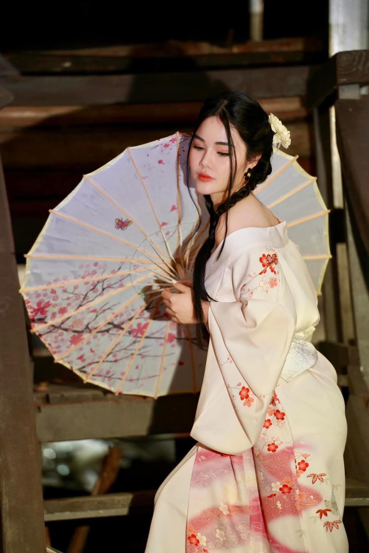 Yukata/Kimono hồng kem hoa K08
