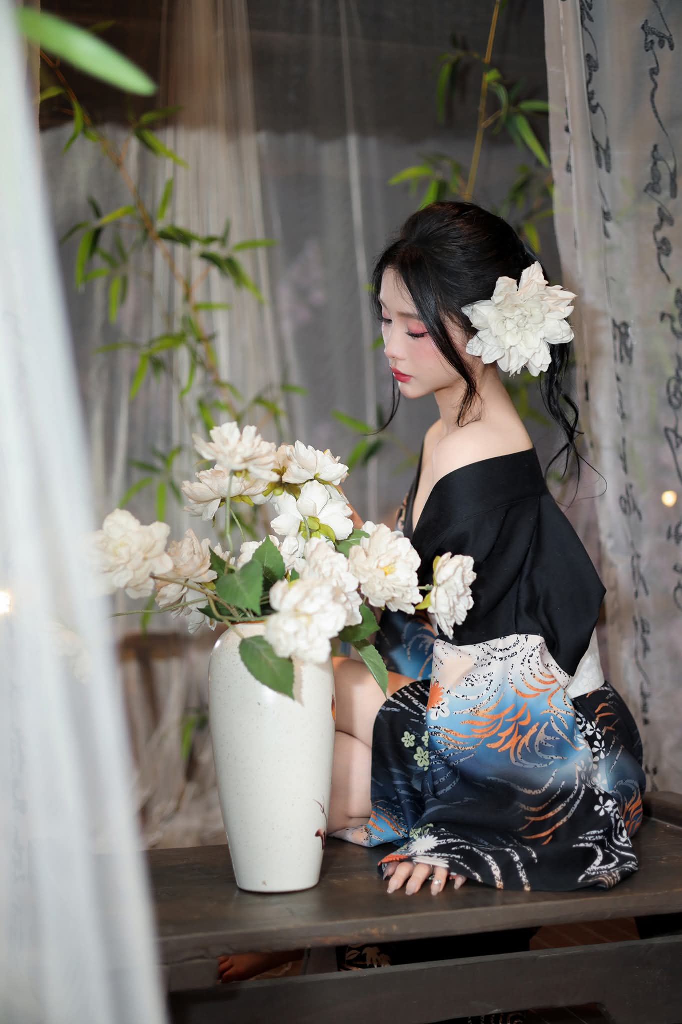 Yukata/Kimono đen họa tiết xanh đậm K13