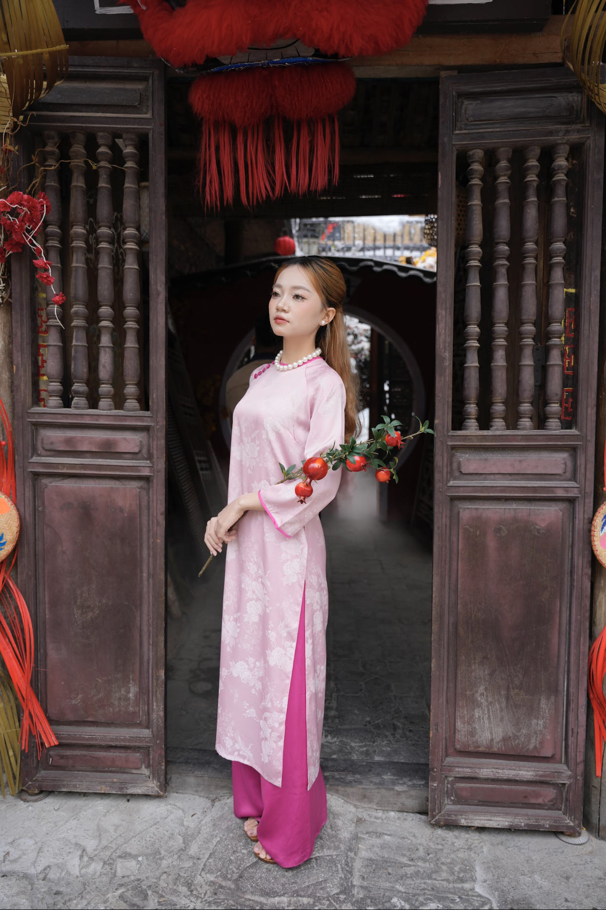 Áo Dài Hồng Hoạ Tiết