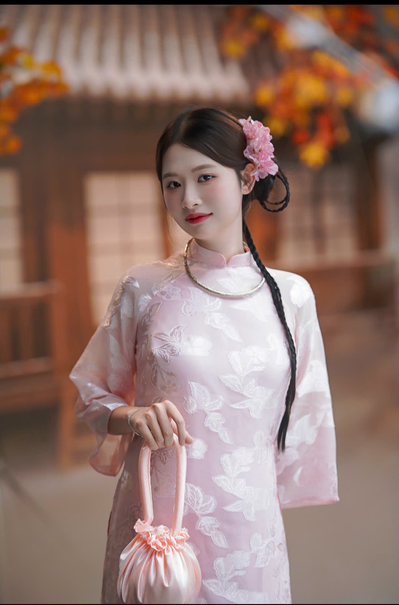 Áo dài hồng phấn hoạ tiết lá (combo 99-799)