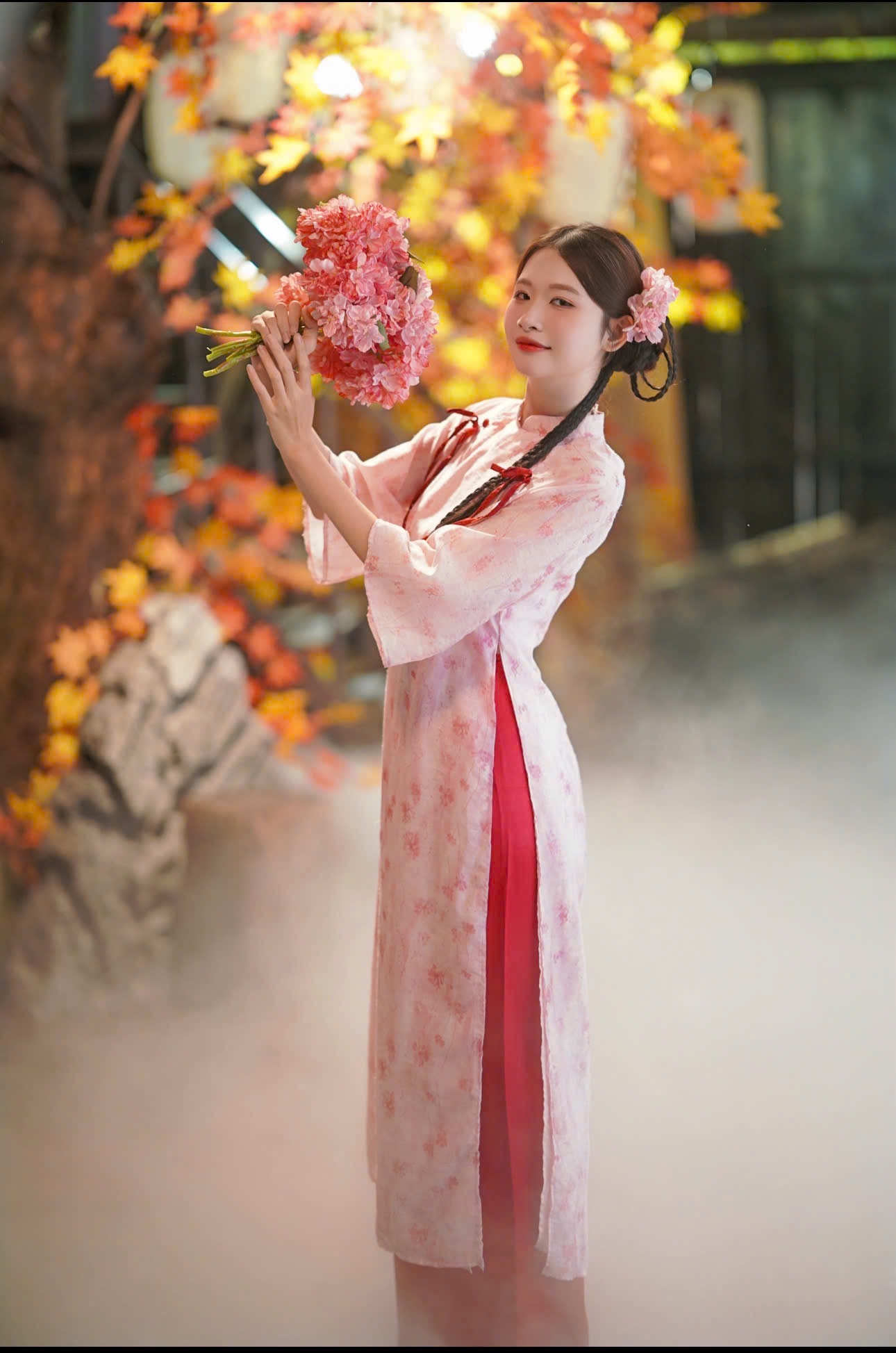 Áo dài hồng nơ đỏ (combo 99-799)