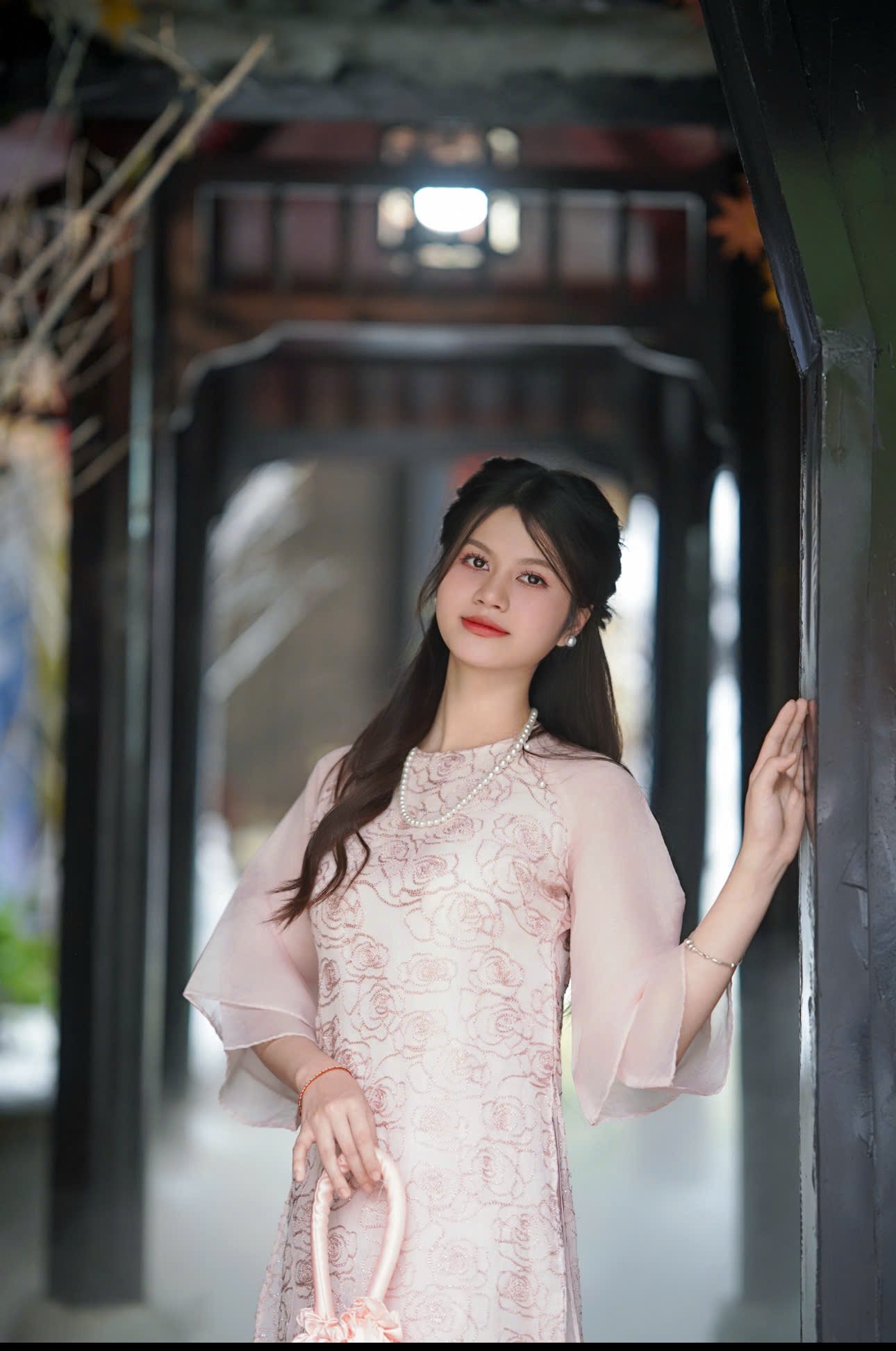 Áo dài hồng phấn hoa hồng (combo99-799)