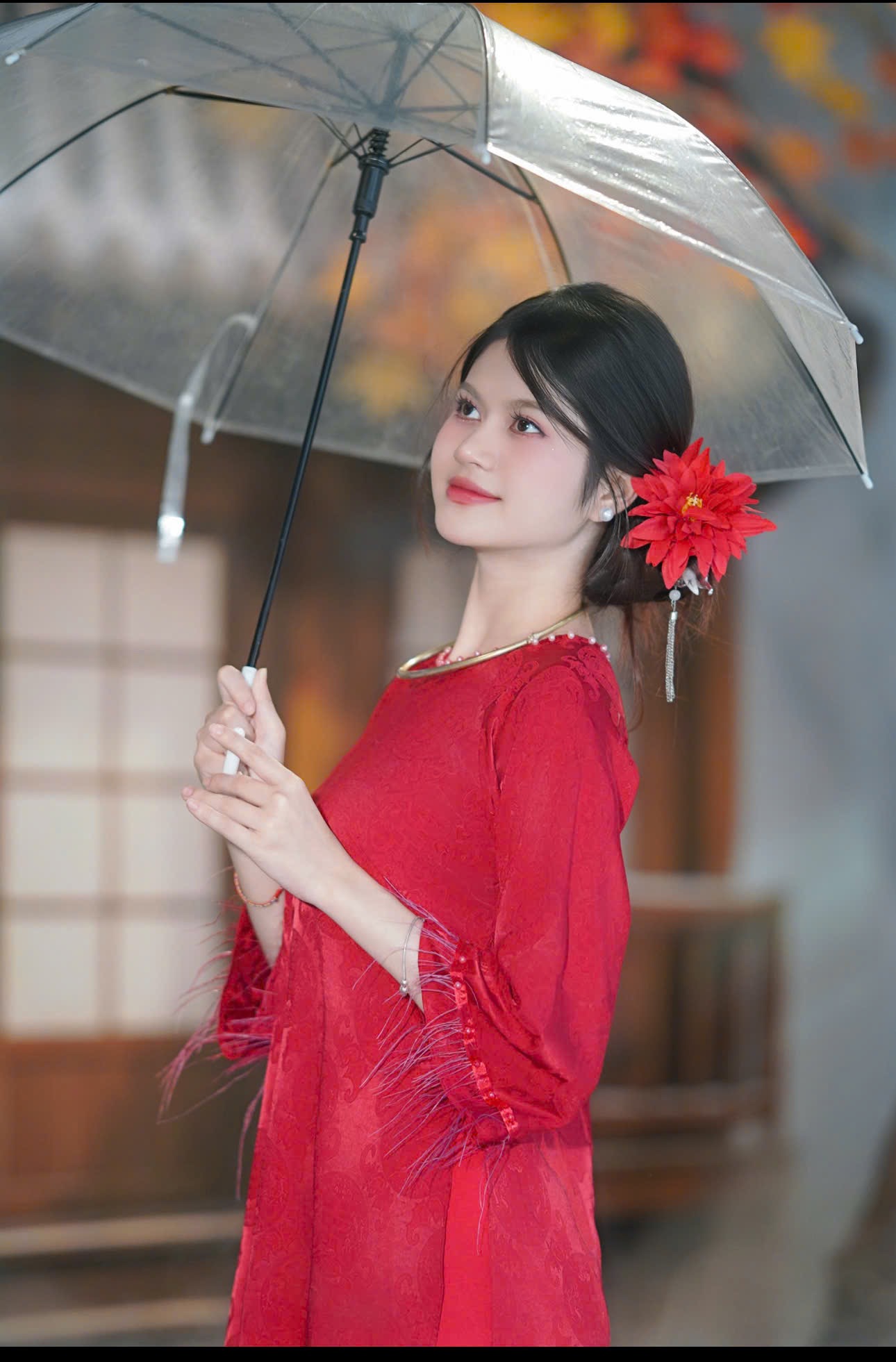 Áo dài đỏ cổ ngọc trai (combo99-799)