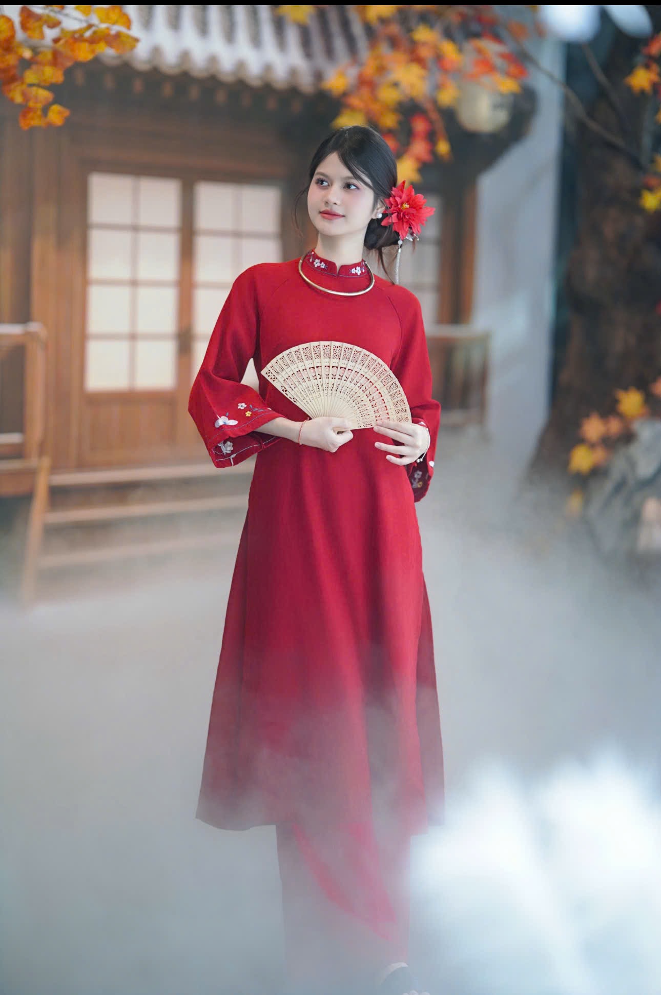 Áo dài đỏ cổ hoa (combo99-799)