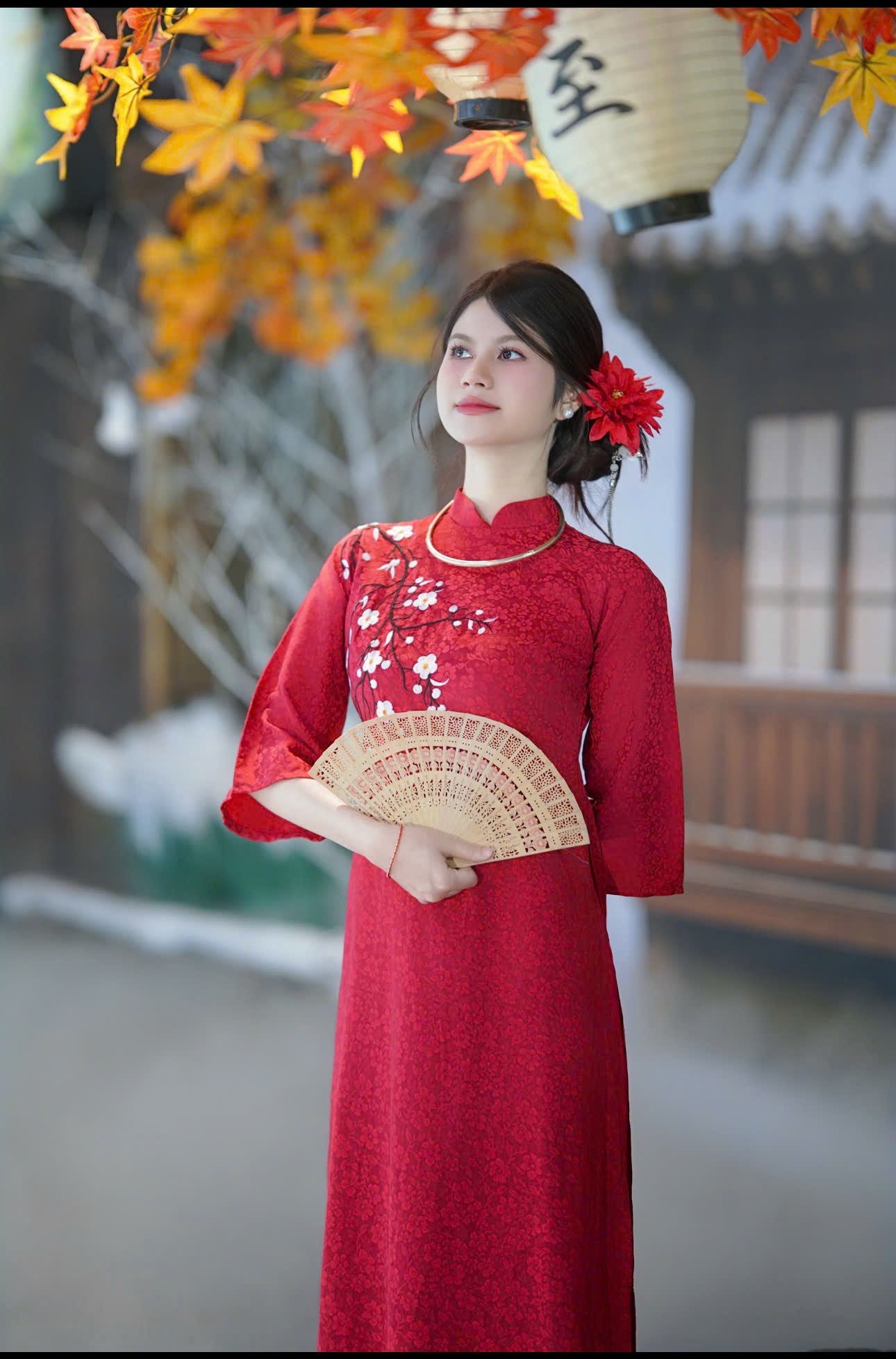 Áo dài đỏ hoa mai ( combo99-799)