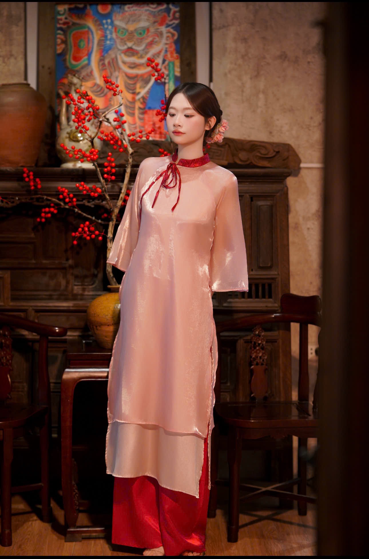 Áo dài hồng nơ đỏ (combo99-799)