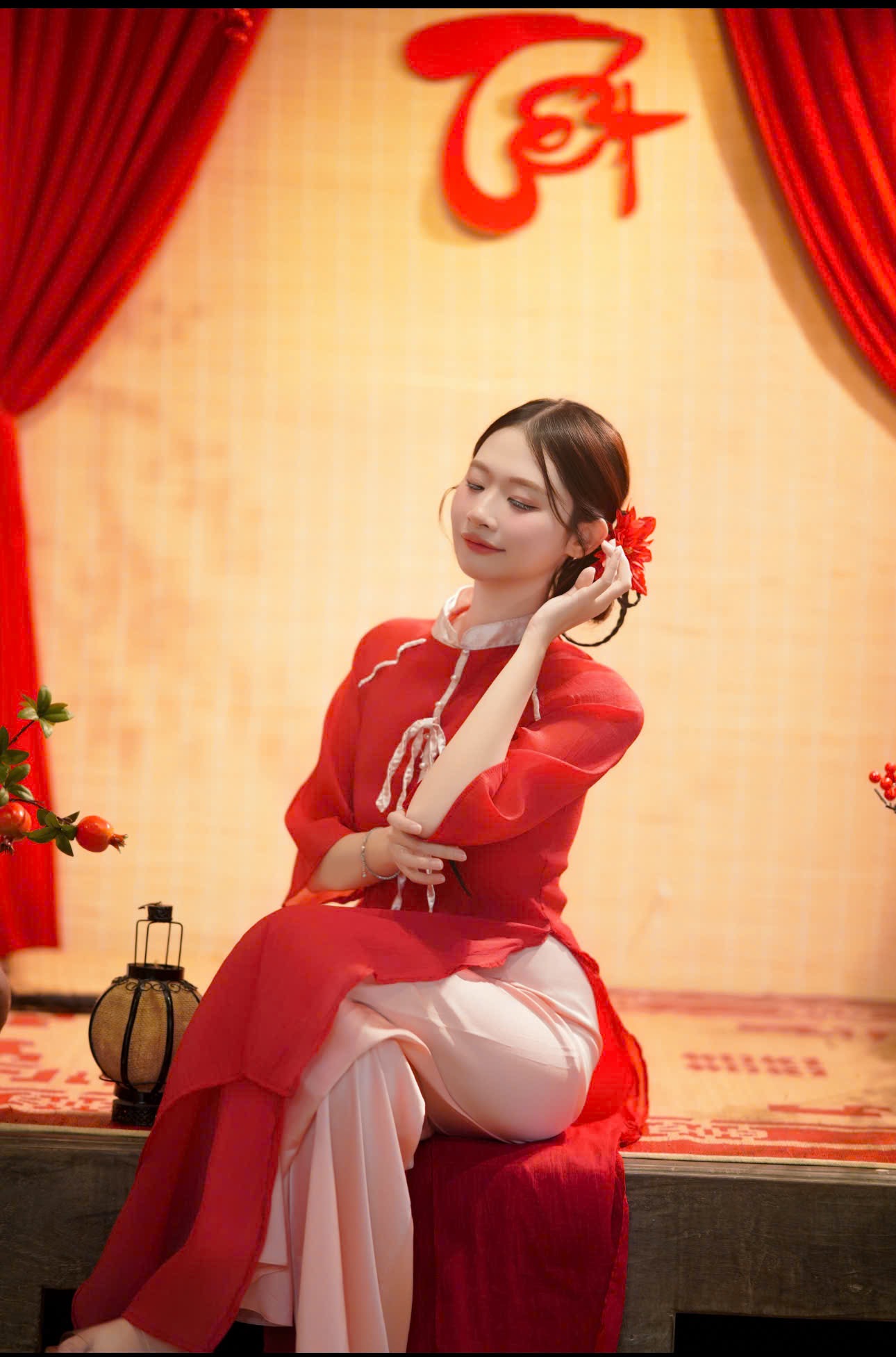 Áo dài đỏ nơ hồng  (combo 99 -799)