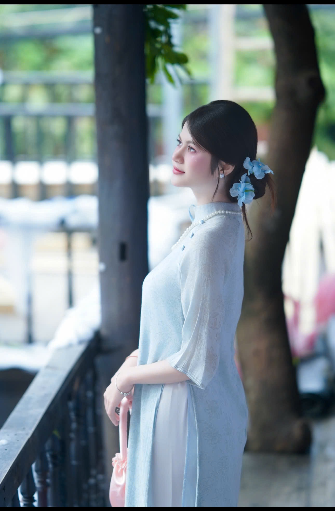 Áo dài xanh hoạ tiết lá thêu ( combo99-799)